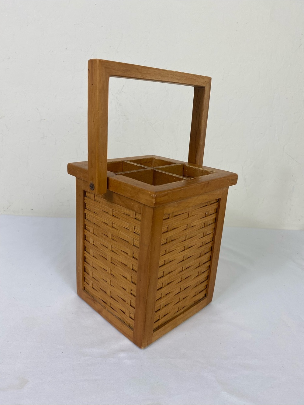 Vintage Wooden Woven Utensils Basket Tote in Honey Brown